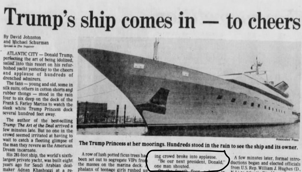 First Printed Mention of Trump As a Future American President, The Philadelphia Inquirer, July 10, 1988